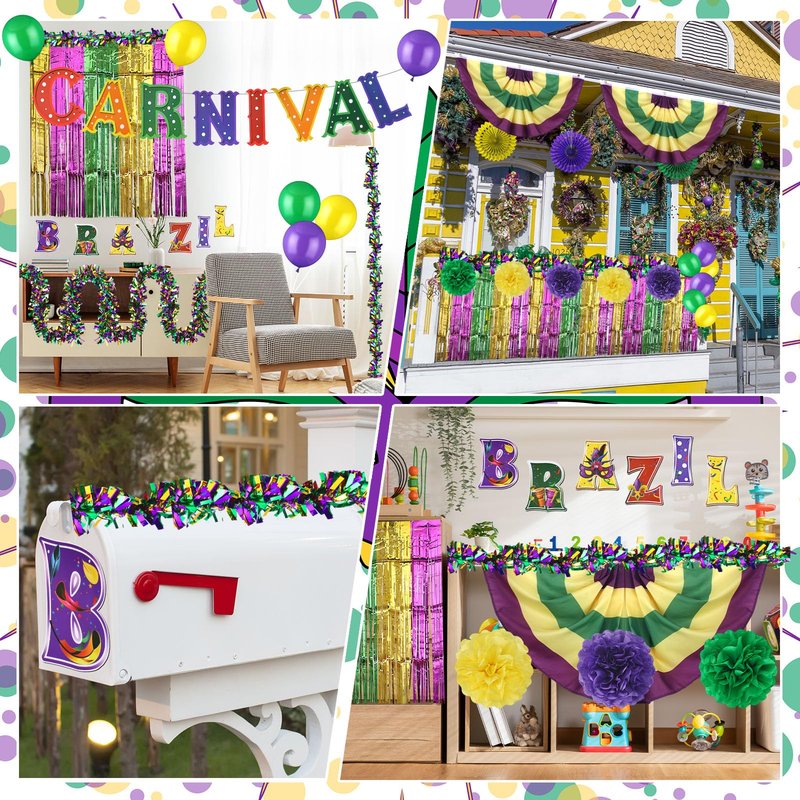 60 Pcs Brazil Carnival Party Decorations Mardi Gras Parade Golf Cart Decorations Burlap Bunting Flag Purple Green Gold Mardi Gras Tinsel Garland Golf Cart Stickers for Carnival Party Supplies Decor