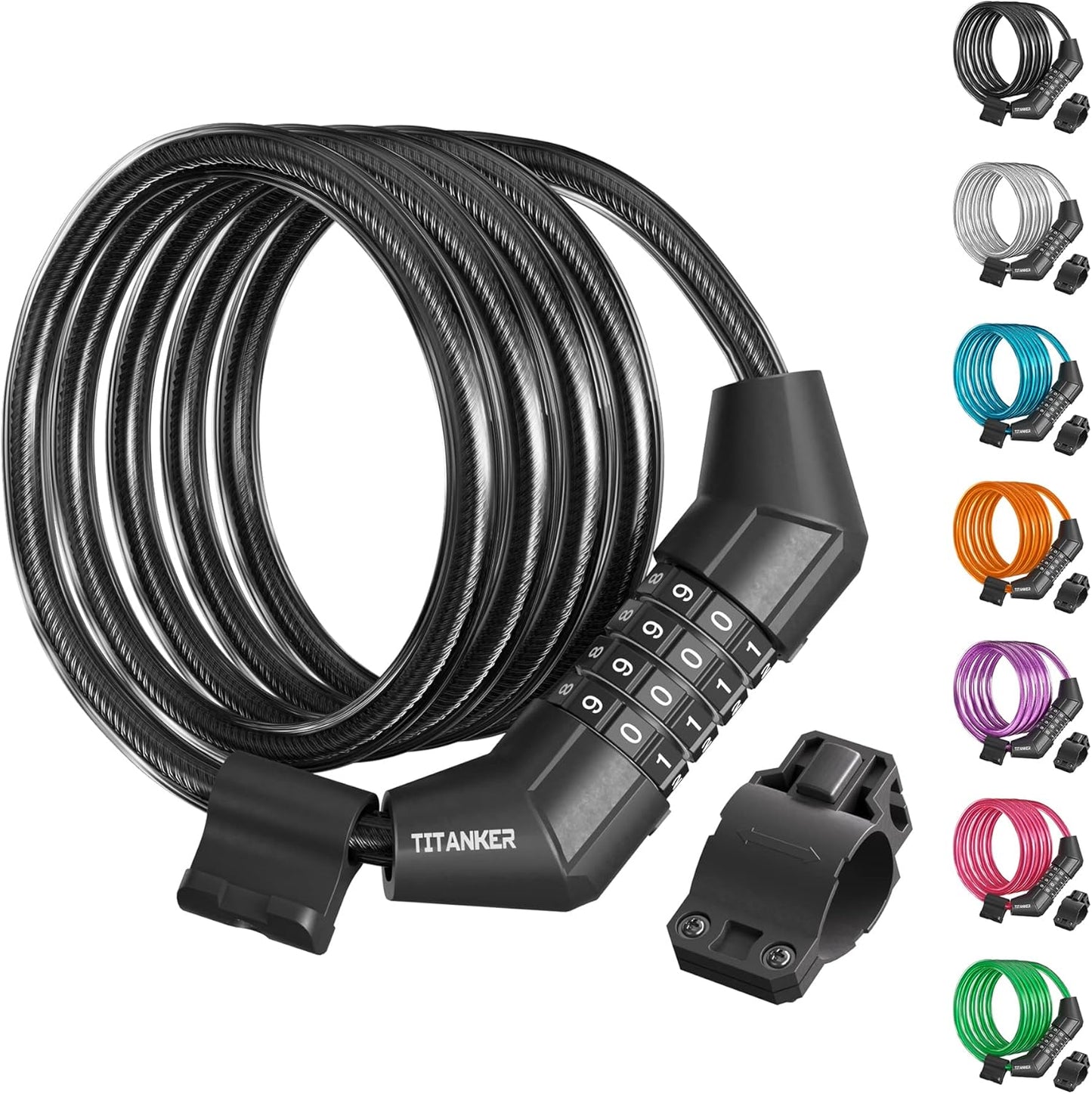 Titanker Bike Lock Cable - 4 Feet Self-Coiling Combination Lock for Kids | Black, 5/16 Inch Diameter