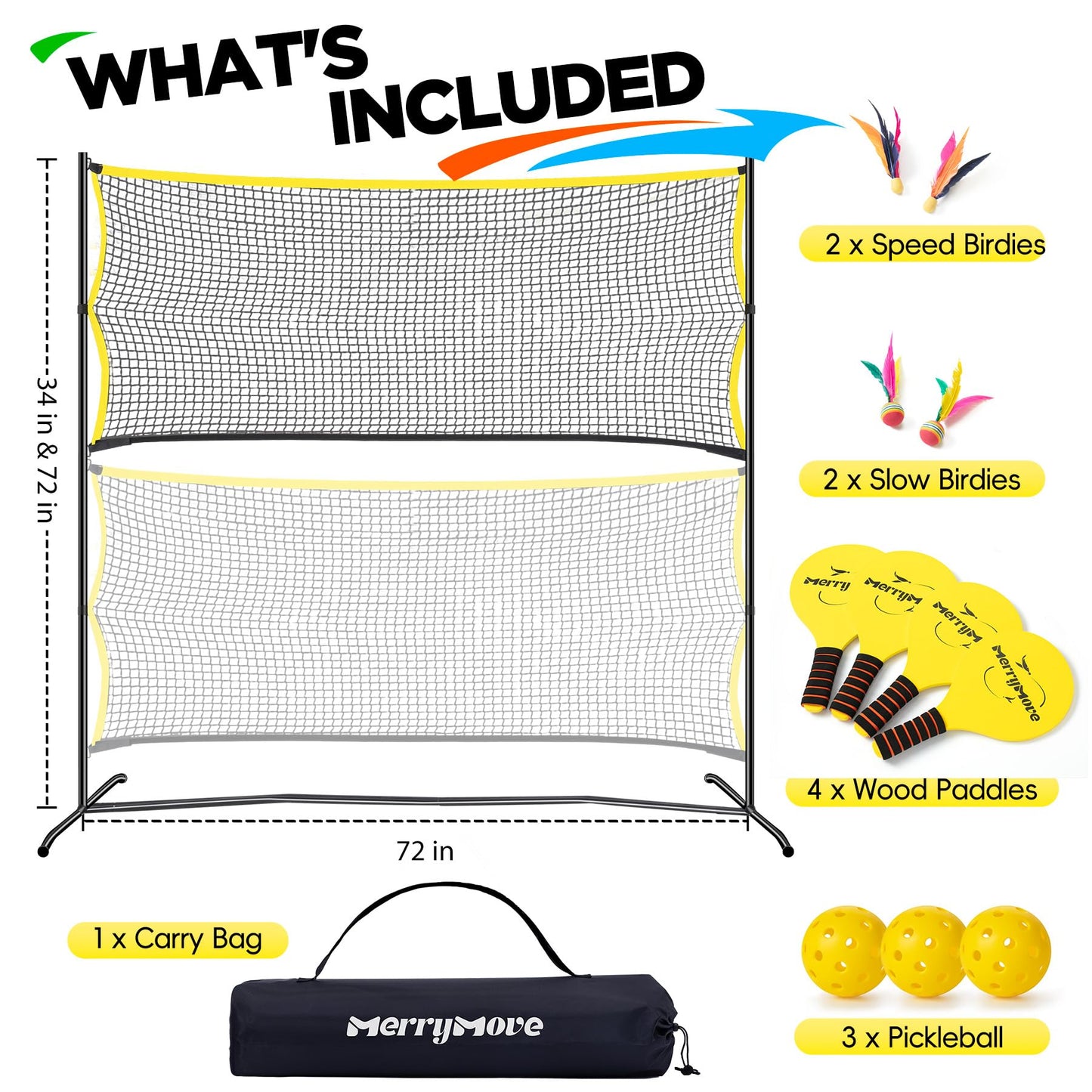 MerryMove 6ft Portable Pickleball & Paddle Ball Set: Easy Setup Paddle Game with Net, Similar to Badminton, Pingpong, and Jianzi, All-in-1 Set for Lawn, Backyard, Camping, Beach Indoor & Outdoor