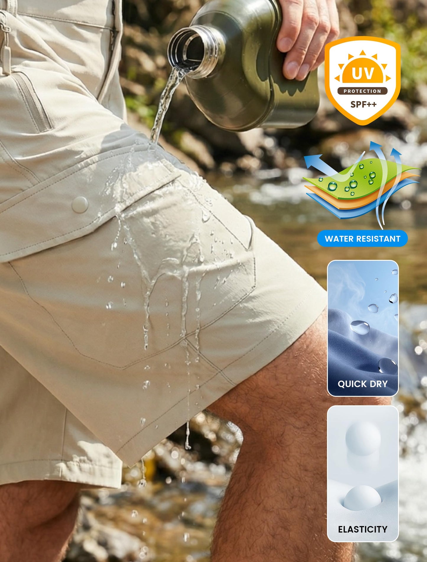 Libin Men's Hiking Cargo Shorts with Zipper Pockets 9" Lightweight Quick Dry Casual Shorts for Men Golf Work Fishing, Light Khaki, 34