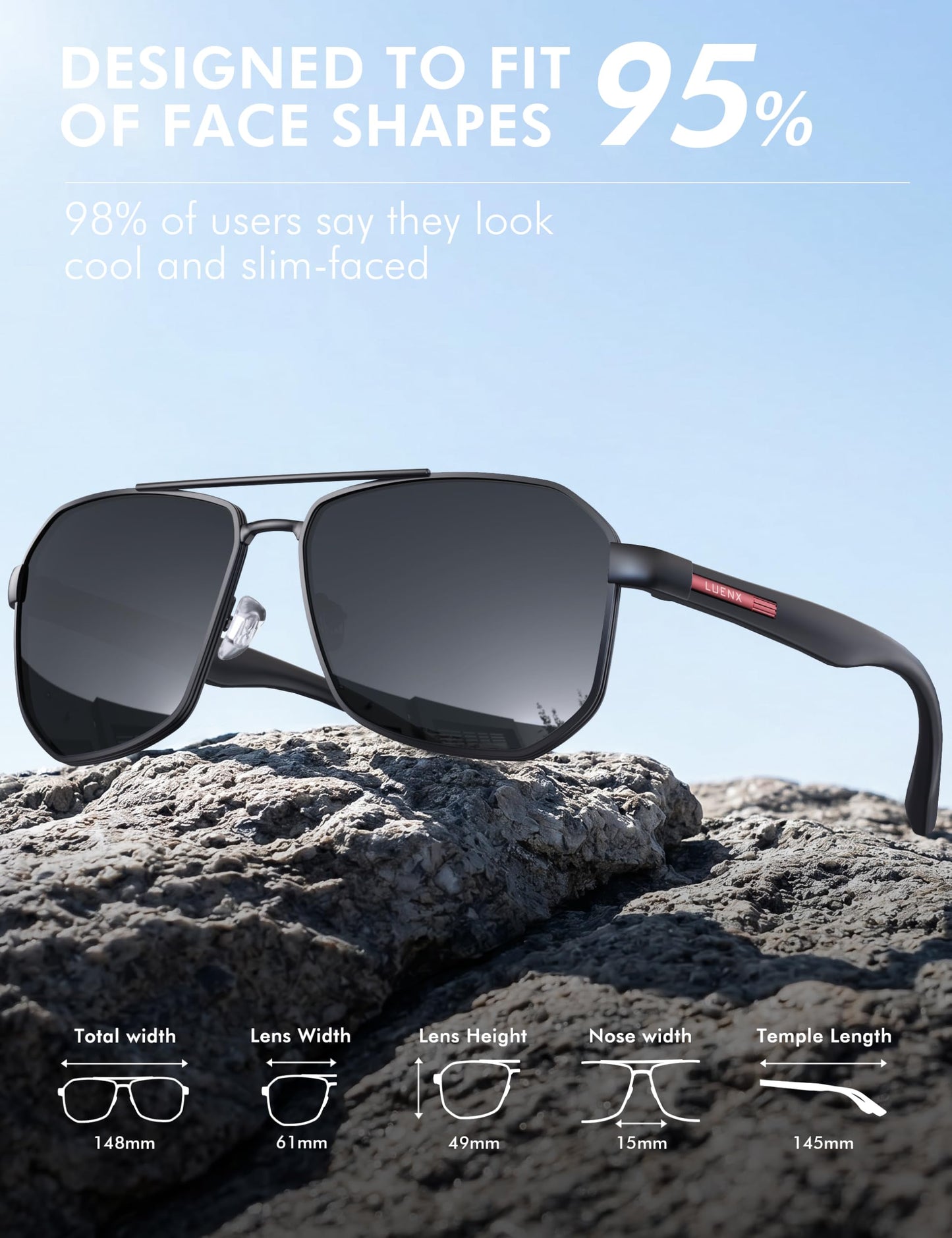 LUENX Aviator Sunglasses for Men Square Polarized Polygon Lens - UV 400 Protection with Accessories Driving Outdoor 61MM Black Lens
