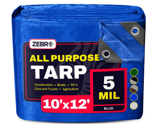 10' x 12' Blue Tarp with Grommets Reinforced - 5 Mil Thick - Durable UV Resistant Plastic Tarps Waterproof - Large Tarpaulin Cover for Outdoor Camping Over/Under Tent Tarp RV Roof Rain - Zebro