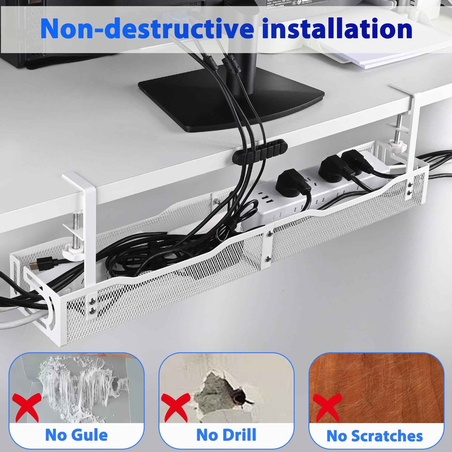 Under Desk Cable Management Tray 25.3 Inch – No Damage Install, Cord Organizer for Office & Home, Wire Organizer for Desk Storage, White