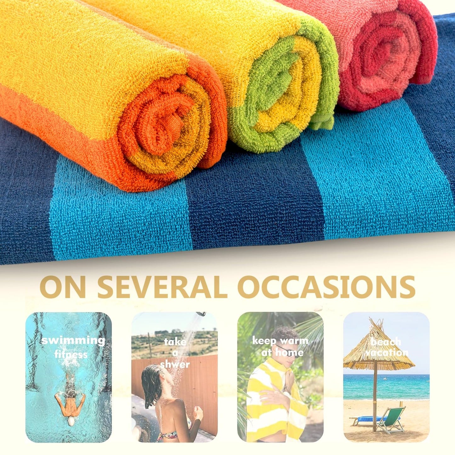 Casa Copenhagen Malibu Towel 4Pcs Orange,Blue,Pink,Green Designer Stripe Beach Towels Gift Set 30"x60" Oversized 100%Cotton Pool Bath Towel for Beach Gift Set (Perfect Summer Gift Set For Women & Men)