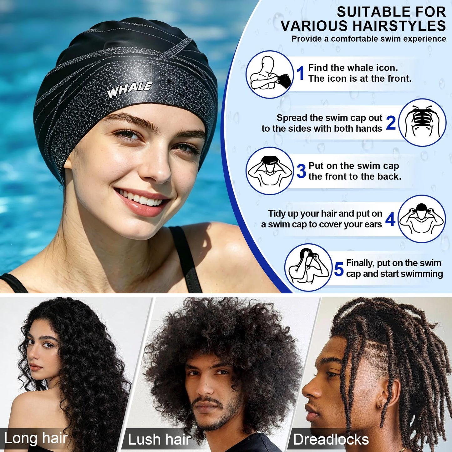 WHALE Extra Large Swim Cap Designed for Men and Women with Thick, Long Hair, Hair Extensions Or Afro-Textured Hair Long-Hair Swim Cap Highly Waterproof to Keep Hair Dry (Black)