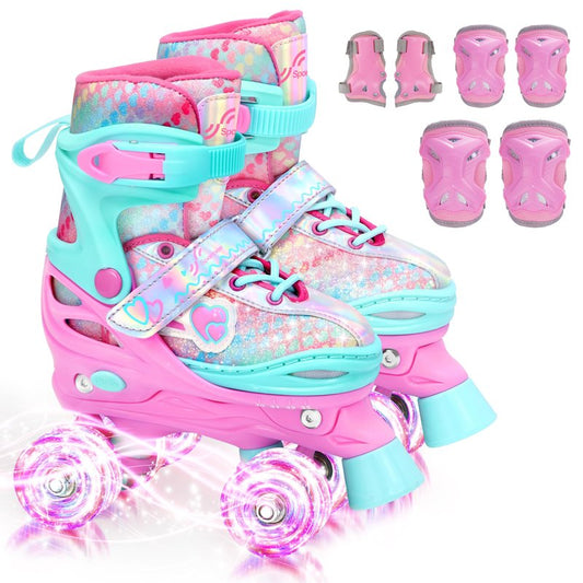 Sportneer Kids Roller Skates: 4 Size Adjustable Quad Skates with Light Up Wheels for 5-8 8-12 Girls Boys Toddlers Beginners, Birthday Gift Skates with Protective Gear Set for Outdoor Indoor
