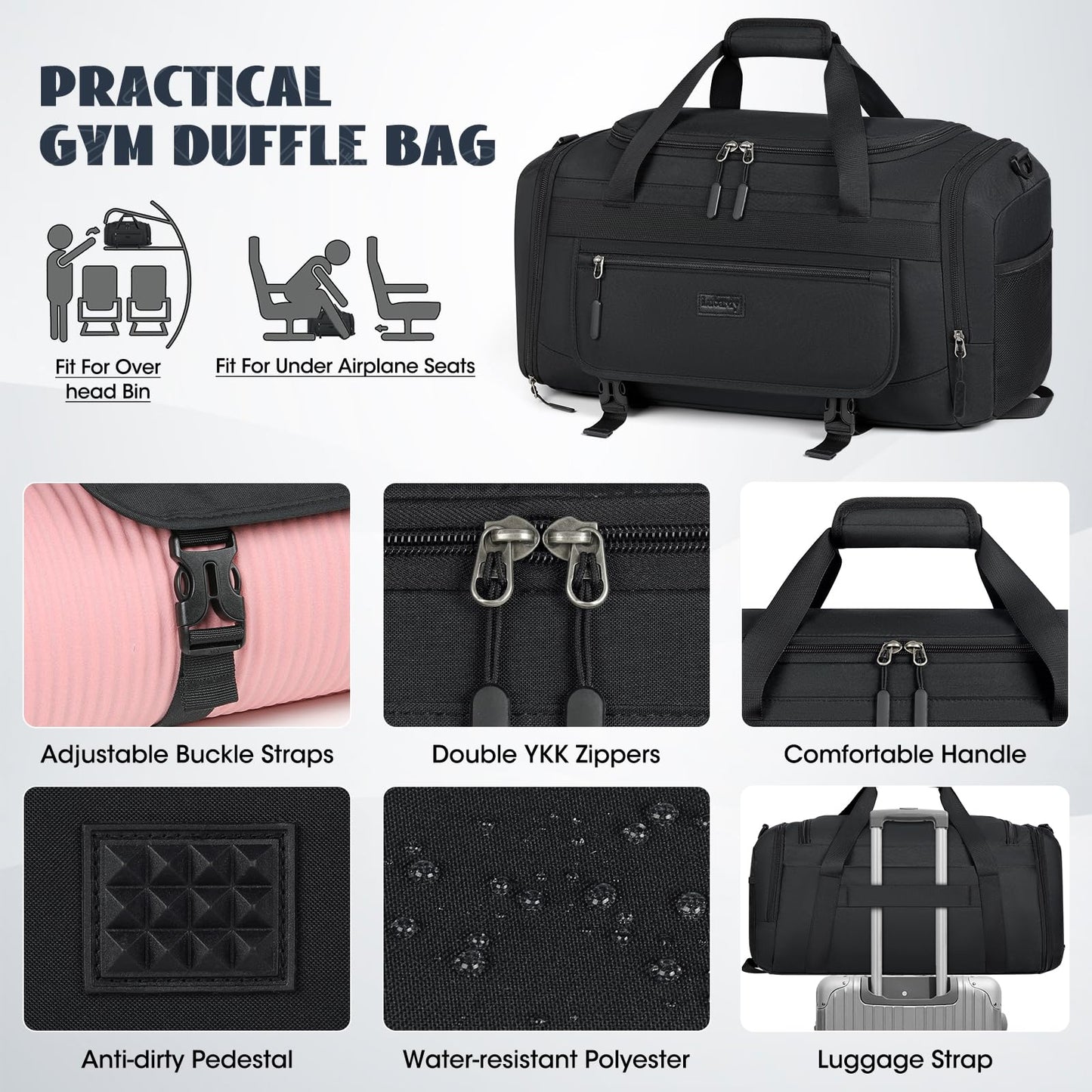 IGOLUMON Gym Bag for Men 55L Sports Duffel Bags Gym Duffle Bag Women with Shoe Compartment & Wet Pocket Water Resistant Travel Duffel Bag Lightweight Weekender Overnight Bag Black
