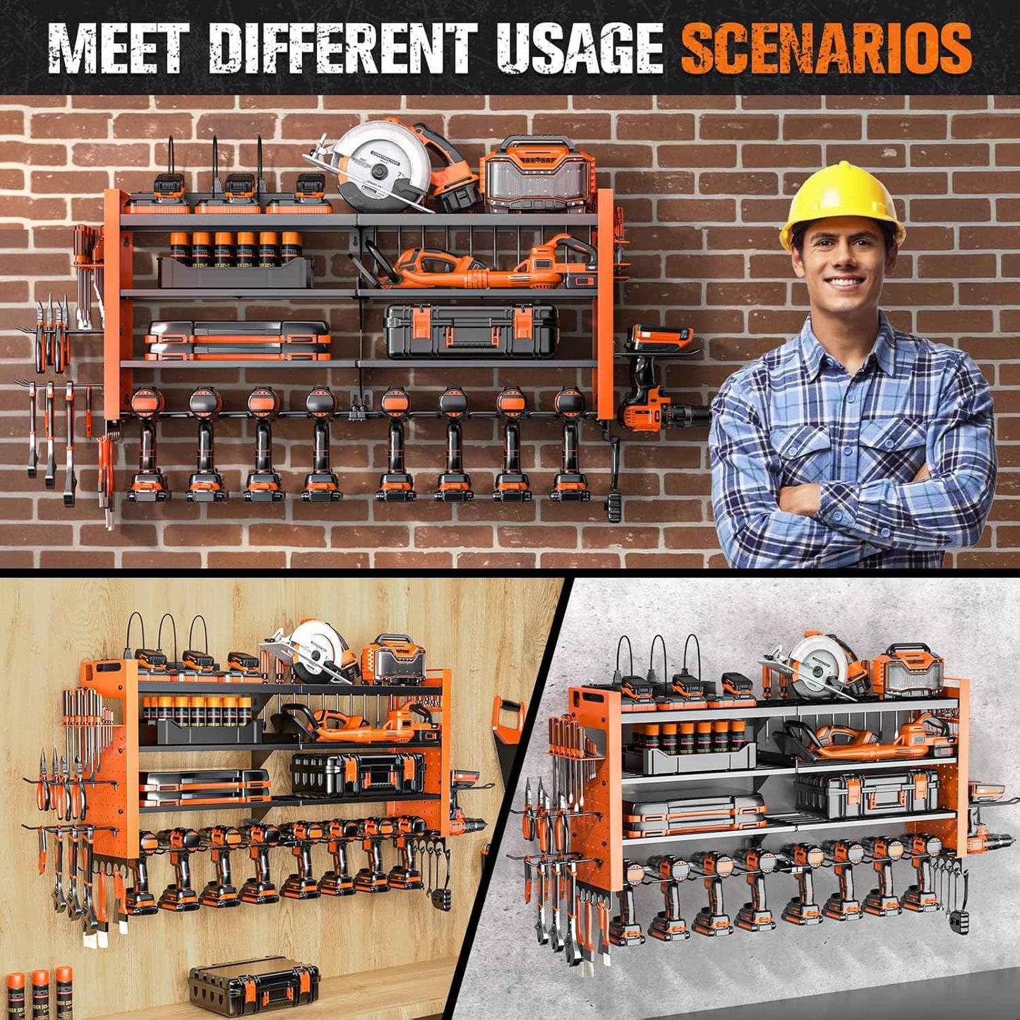 Heavy Duty Wall Mount Power Tool Organizer with Charging Station & 10 Drill Holders