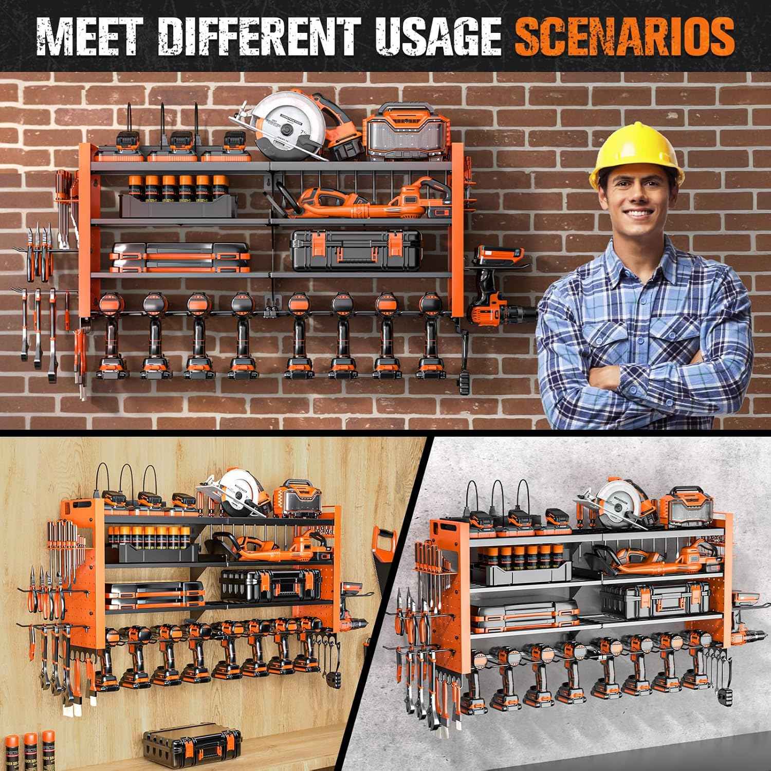 Heavy Duty Wall Mount Power Tool Organizer with Charging Station & 10 Drill Holders