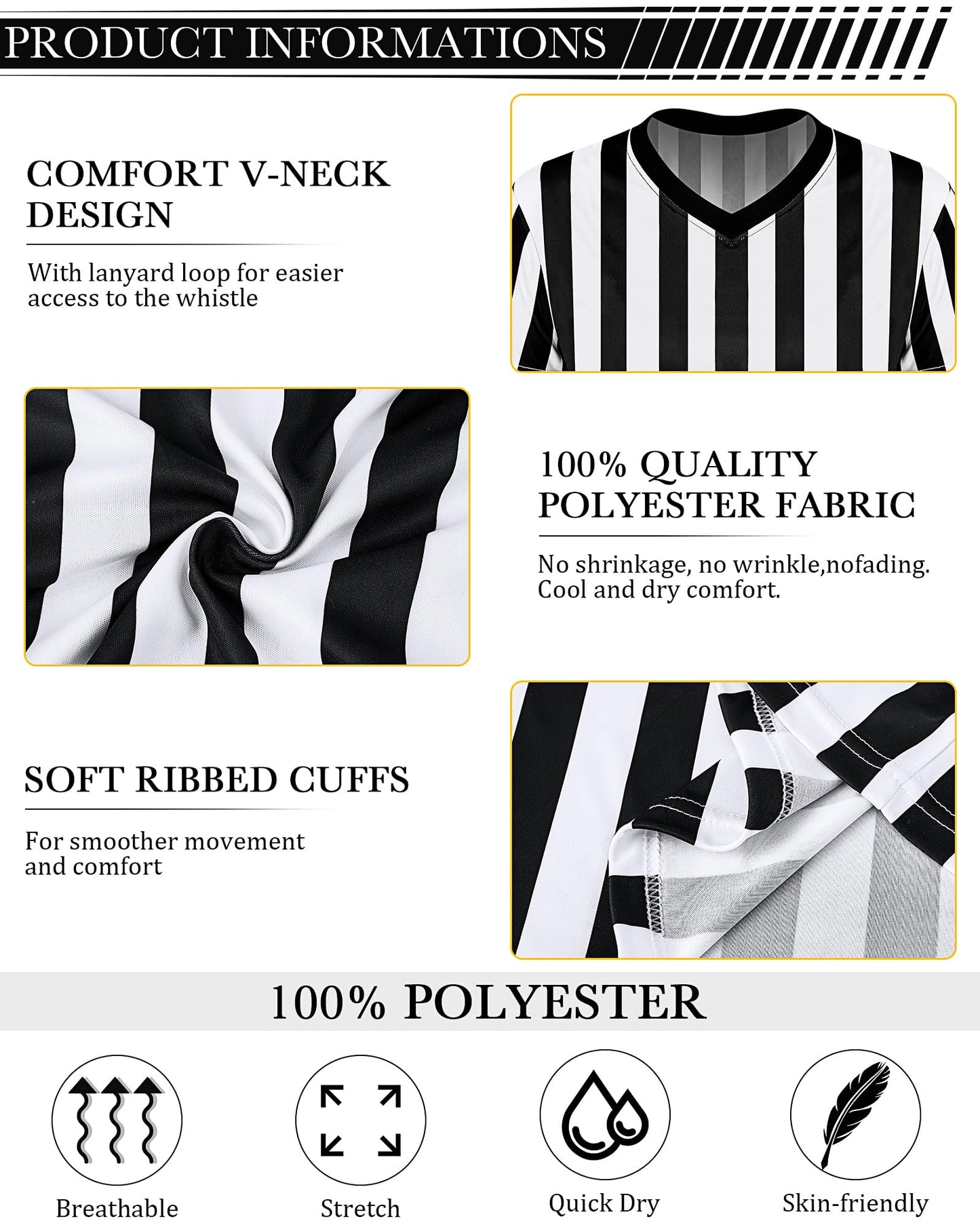 Sintege 4 Sets White and Black Soccer Referee Stripe Shirt with Whistle Official Referee Costume Shirt Football Umpire Jersey Halloween Costume for Adult(Adults X-Large)