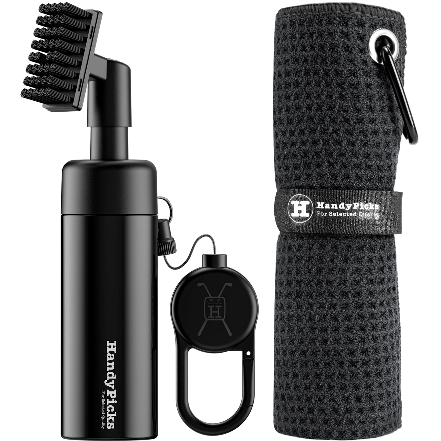 Handy Picks Golf Club Cleaner with Water, Spray Water Bottle Holds 5.5 OZ Water with Heavy Duty Metal Retractable Magnetic Clip, Waffle Microfiber Golf Towel, Ideal Golf Water Brush Combo Kit Black
