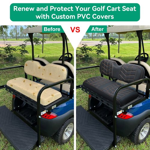 iLSKW Golf Cart Seat Cover PVC Thinck Leathur Rear Seat with Arrow Shape, No Stapler Required for Golf Cart Clubcar Ezgo Yamaha Seat Cover with Brown Stitching