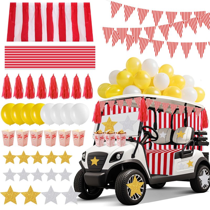 Suncalla 85 Pcs Halloween Carnival Golf Cart Decorations Red and White Stripes Backdrop Tassels Banner Flags Ballons Popcorn Boxes Glitter Star Cutouts for Golf Cart Party Supplies Decor