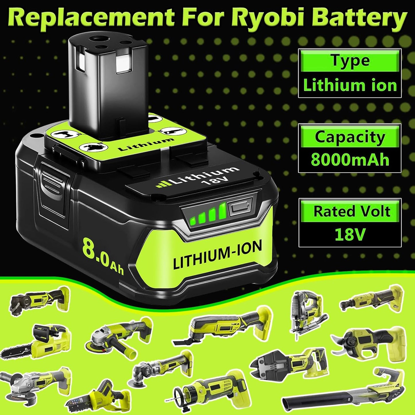 Ryobi 18V ONE+ Replacement Battery 8.0Ah - Compatible with P108 P102 P103 P105 P107 P189, 2 Pack