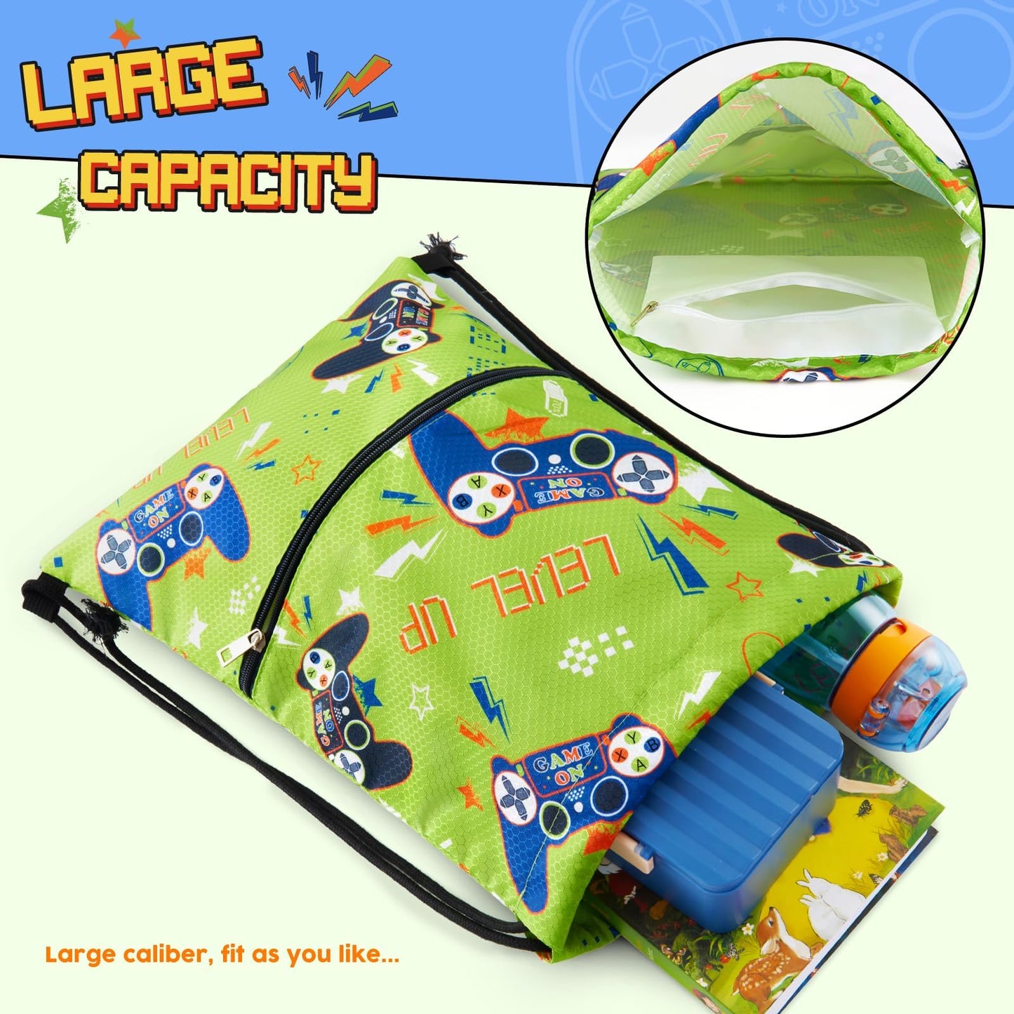 WAWSAM Game Kids Drawstring Backpack Waterproof, Gym Swim Bag Cinch Bag for Boys Kids Waterproof Beach Bag Draw String Bags, Back to School Birthday Gift with Zippered Pocket