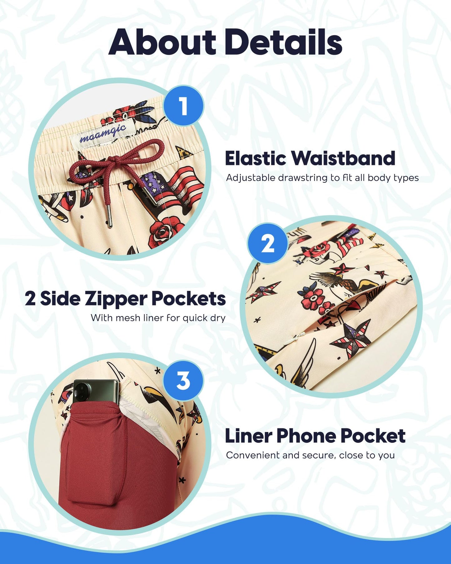 maamgic 7 Inch Mens Swim Trunks with Compression Liner Board Shorts with Zippered Pocket Bathing Suit for Beach Vacation Beige and Red Eagle American Flag Medium