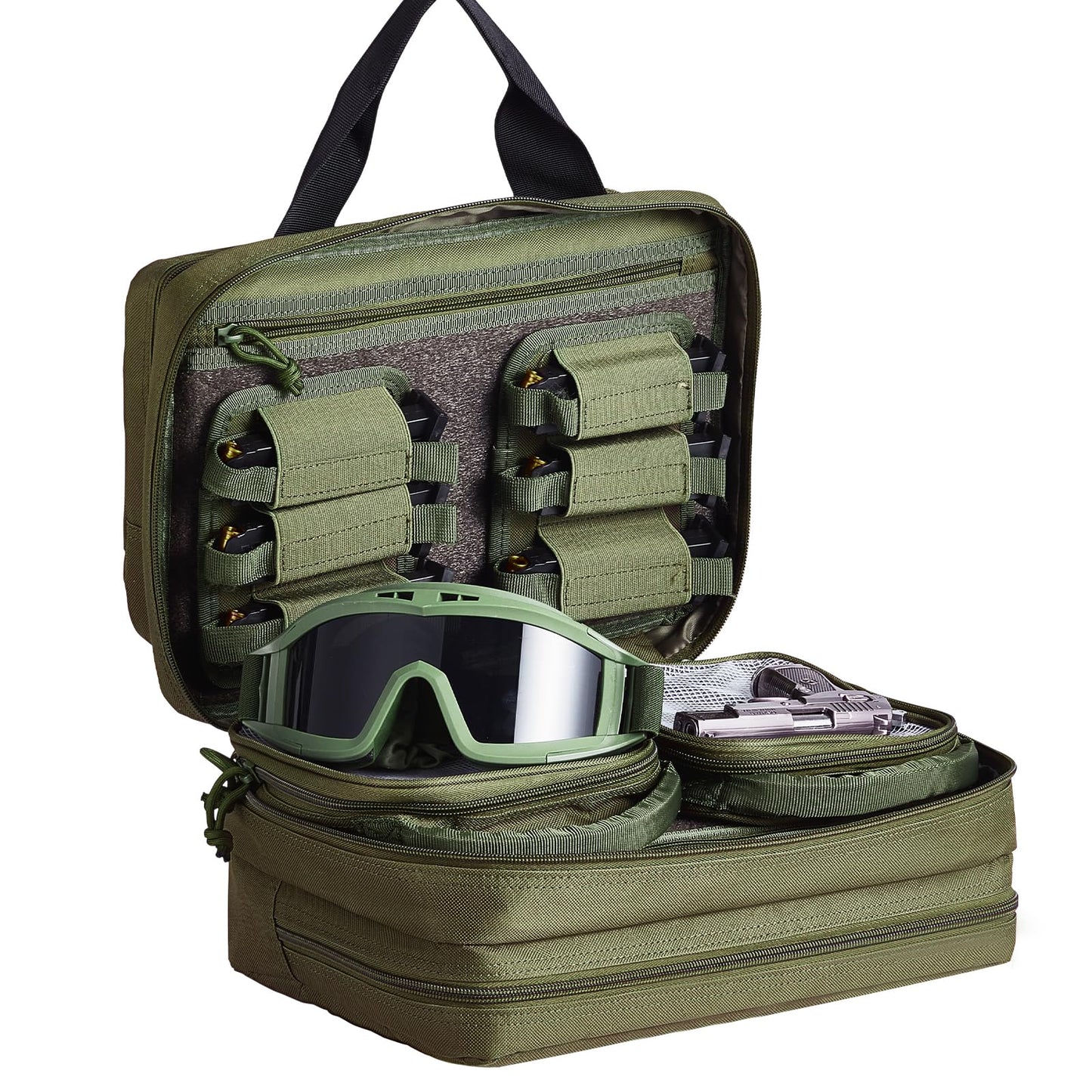 VEVOR Gun Bag with Detachable Baffles & 6 Magazines Shooting Handgun Bag for Outdoor Hunting Shooting Pistol Bag Case (2 Removable Pistol Bags, Green, 13 x 7.9 x 9.1 in)