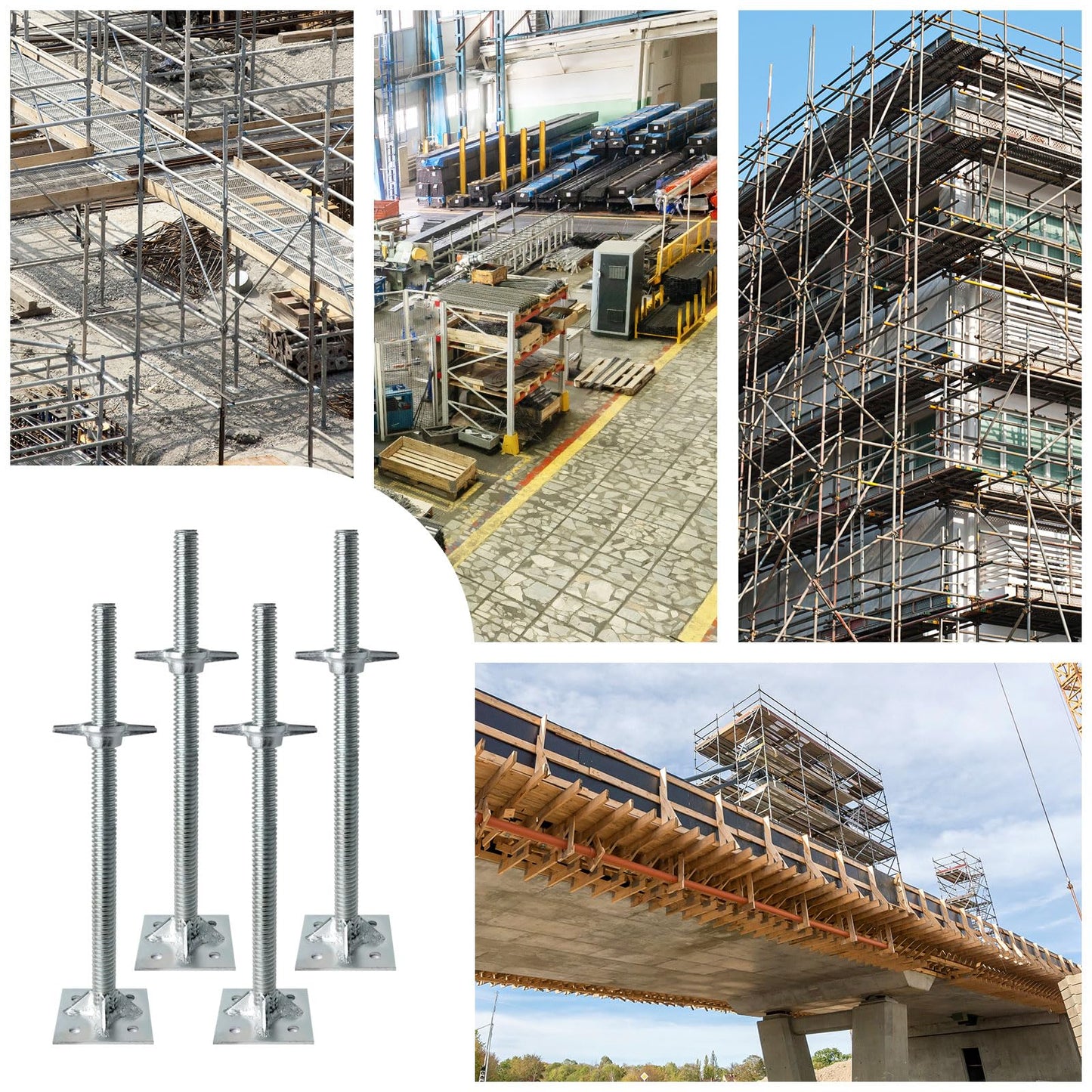 Reinforced Adjustable Leveling Jacks, 18.25" Solid Scaffolding Parts with Base Plate, 4 Pack Galvanized Silver Screw Jacks for Baker Style Scaffolding