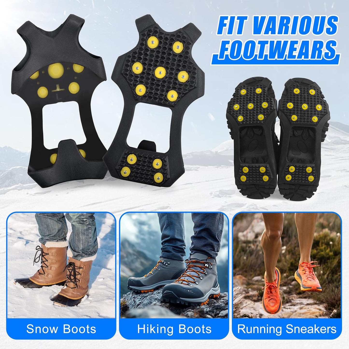 Ice Cleats for Shoes and Boots Crampons Anti Slip Snow Traction Cleats 11 Studs Snow Grippers Overshoe for Men Women Walking on Snow and Ice Slip-on Stretch Footwear