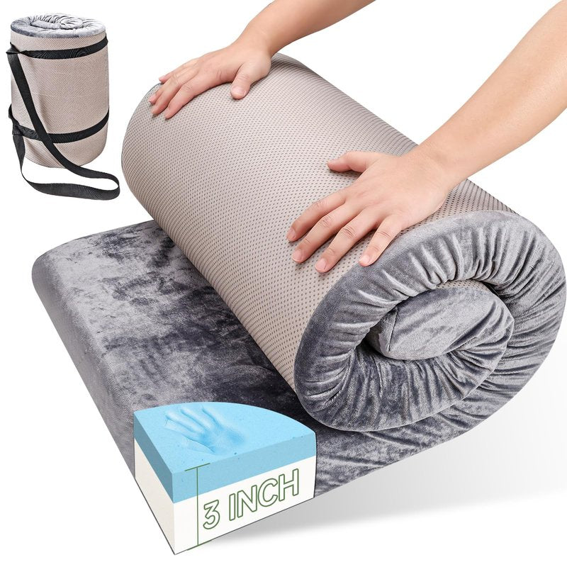 Memory Foam Camping Mattress pad,3 Inch Thick Floor Sleeping Mat Pad with Waterproof and Non-Slip Bottom, Portable Roll Up Mattress for Sleepover Guest,Tent SUV Cot Mattress Car Camping Foldable