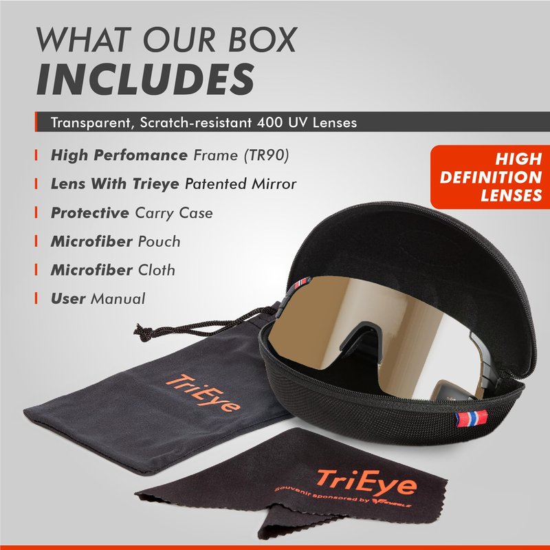 TriEye Cycling Glasses with Rear-view Mirror for Men & Women - UV-400 Sports Sunglasses Cycling Goggles - Durable and Lightweight (High Definition Smoke)