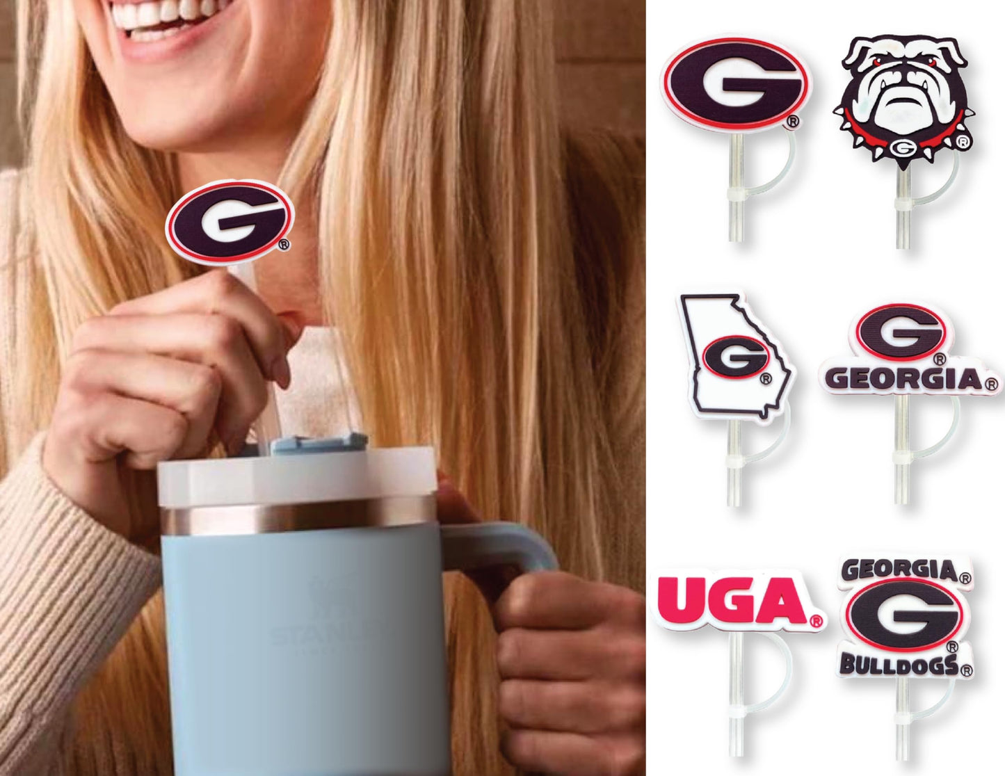 6 Georgia Bulldogs Straw Covers (10 millimeter) UGA Football Fan Merchandise Fits Large 40 oz Stanley Size Water Bottles (10 mm) (Georgia Bulldogs)