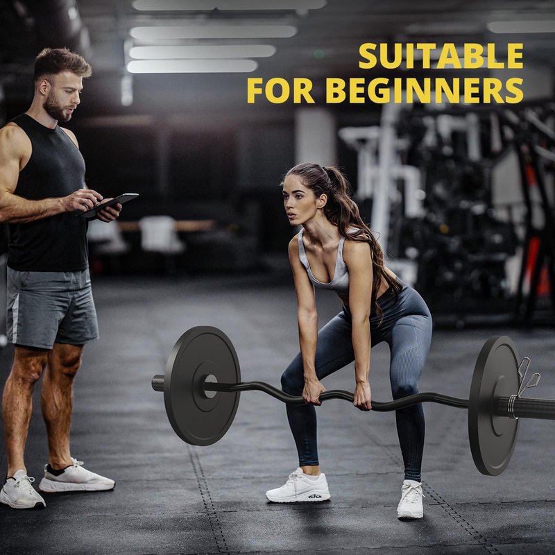 POWER GUIDANCE 2 Inch Curl Bar with Weights 47", 500lbs Weight Capacity Olympic EZ Curl Barbell for Bicep, Tricep and Weight Lifting Exercises,with 2 Spring Collars(Silver)
