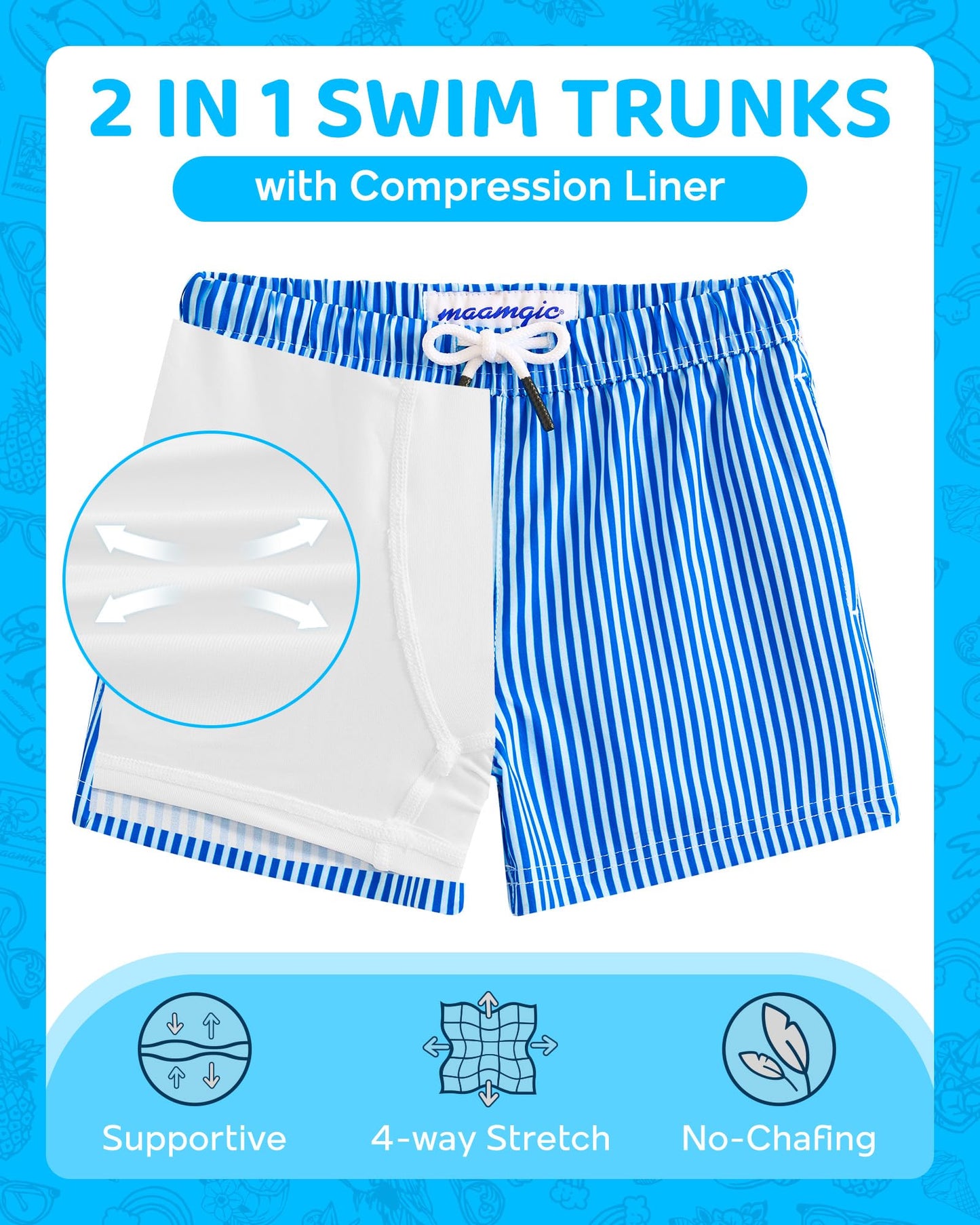 maamgic Boys Swim Trunks with Compression Liner 4-Way Stretch Quick Dry Bathing Suit Toddler Beach Shorts Blue White Stripes 10-12 Years