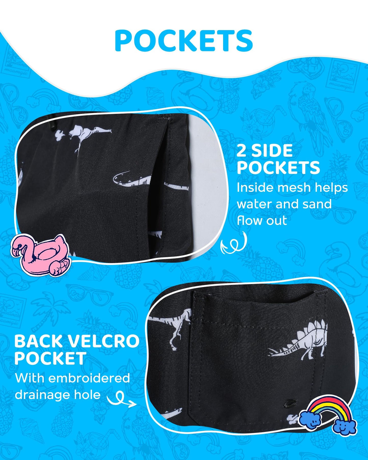 maamgic Boys Swim Trunks with Compression Liner 4-Way Stretch Quick Dry Swim Shorts Swimming Trunks Toddler Boy Dinosaur Black 8 Years