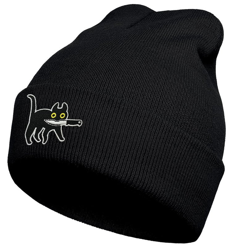 Funny Cat Beanies, Cute Gothic Cool Cat Knit Hat for Men and Women (Knife Cat)