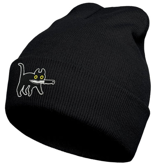 Funny Cat Beanies, Cute Gothic Cool Cat Knit Hat for Men and Women (Knife Cat)