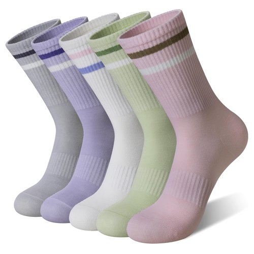 SeeyAN Womens Crew Socks Athletic Casual Cotton Long Socks Stripe Sport High Socks 5 Pairs (5 Pairs Stripe, 6-9)