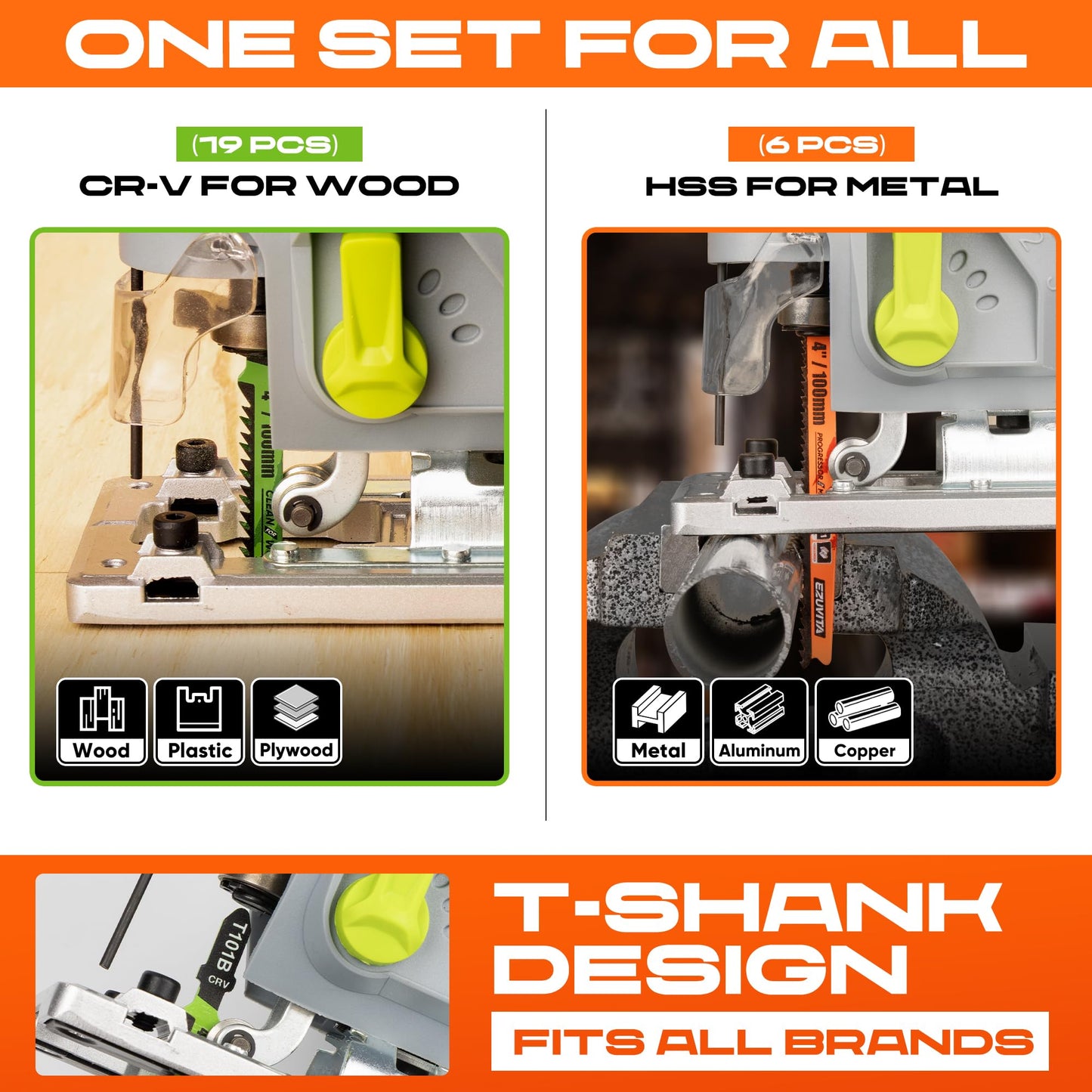 EZUVITA 25-Piece Jigsaw Blades Set with Storage Case–CR-V&HSS Steel, Assorted T-Shank Replacement Jig Saw Blades for Cutting Wood, Plastic and Metal