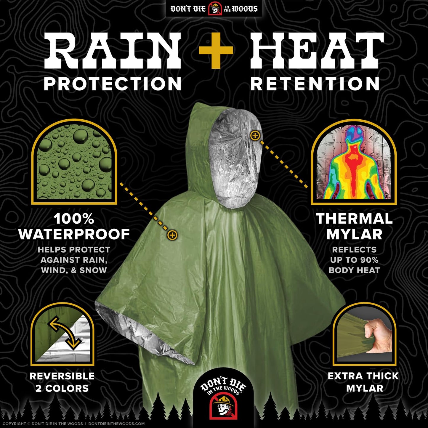 Don't Die In The Woods - Rain + Heat Emergency Poncho - Wearable Mylar Space Blanket For Hiking, Camping, First Aid, Survival