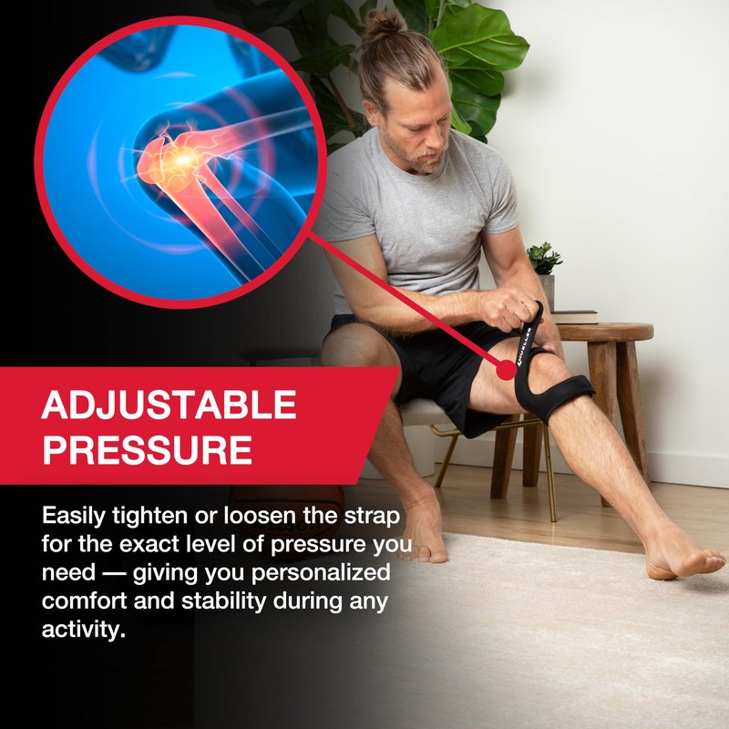 MUELLER Sports Medicine Adjustable Max Knee Single Strap, Knee Pain Relief Support for Men and Women, Ideal for Osgood-Schlatter's, Runner's Knee, Patellar Tendinitis, Black, Large/X-Large