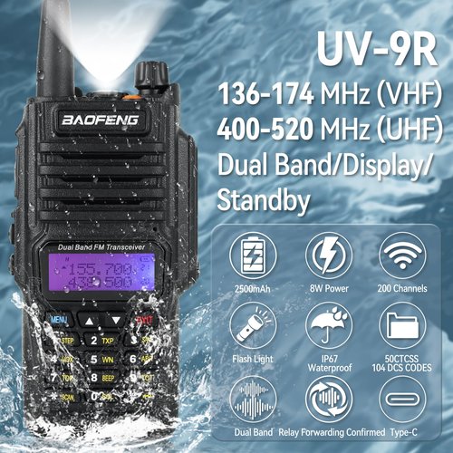 Radtel Baofeng Uv-9r Plus 8Watts Walkie Talkie Bf-uv9r Plus Ip67 Waterproof Uhf/VHF Dual Band Radio 8W (No FM Radio Feature)