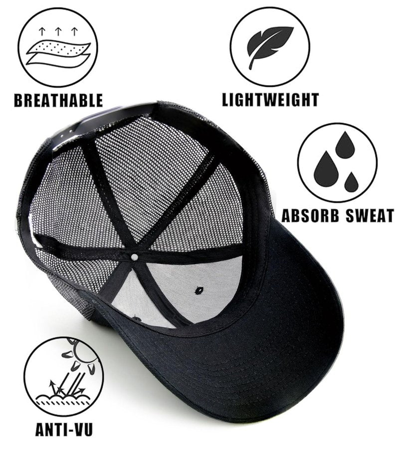 Qoyupuza 2-Pack Breathable Mesh Snapback Trucker Hats, Adjustable Baseball Caps for Men Women, Black & Black
