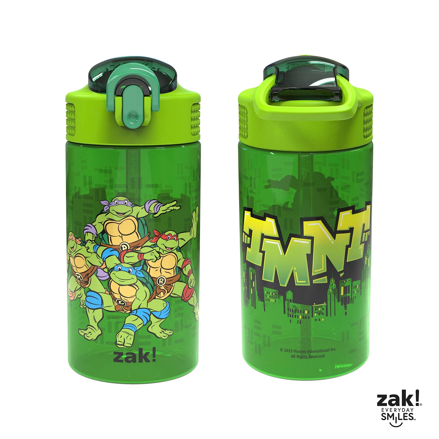 Zak Designs Teenage Mutant Ninja Turtles Kids Water Bottle For School or Travel, 16oz 2-Pack Durable Plastic Water Bottle With Straw, Handle, and Leak-Proof, Pop-Up Spout Cover (TMNT)