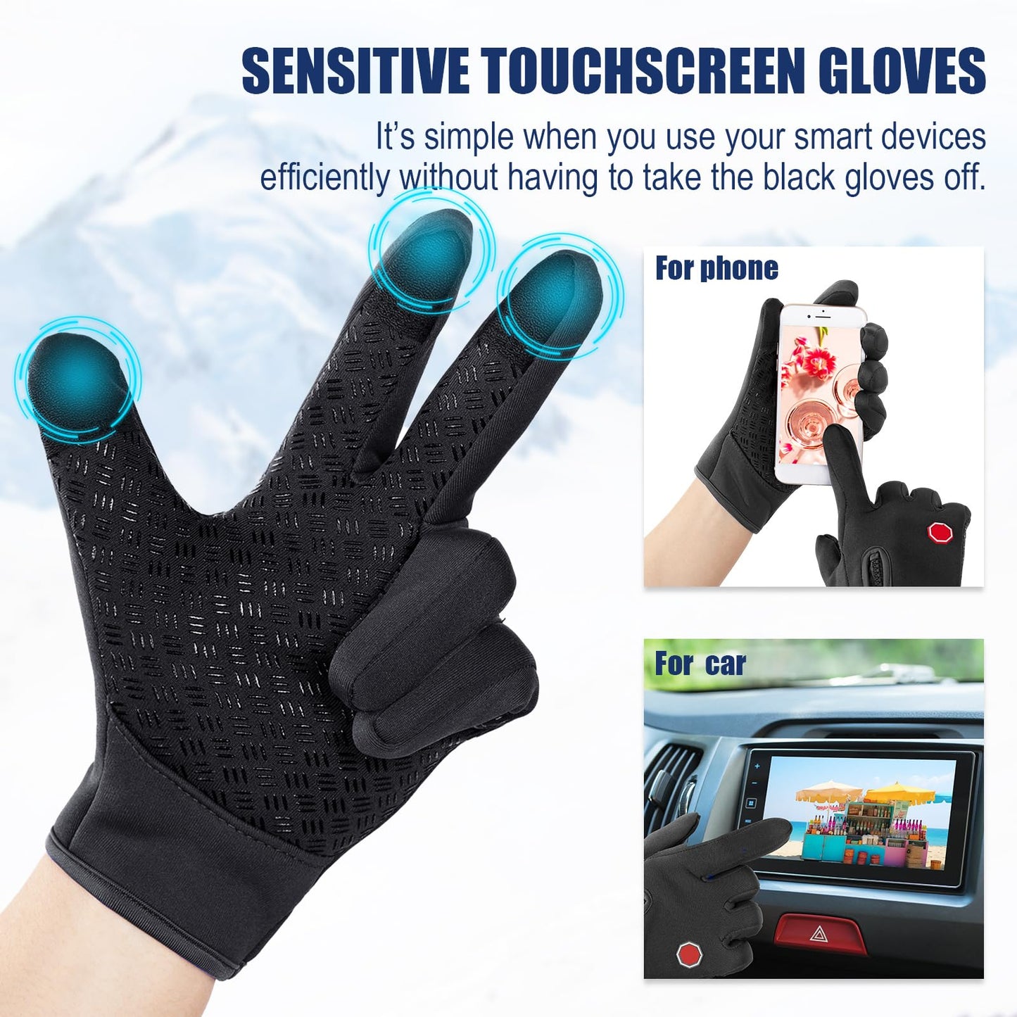 Zhanmai 3 Pairs 3/6 Pairs Outdoor Winter Touchscreen Gloves Windproof Waterproof Thermal Gloves for Running Hiking for Men Women (Medium,Black)