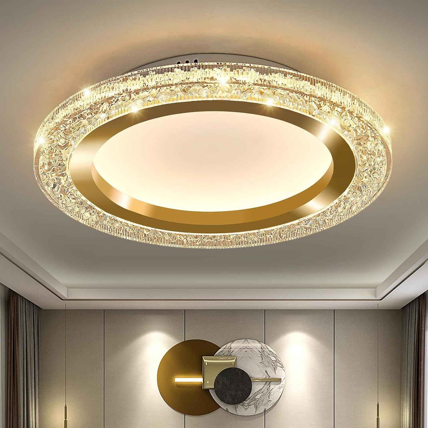 28W Gold LED Flush Mount Ceiling Light - 12" Modern Round Fixture for Bedroom, Kitchen, Bathroom