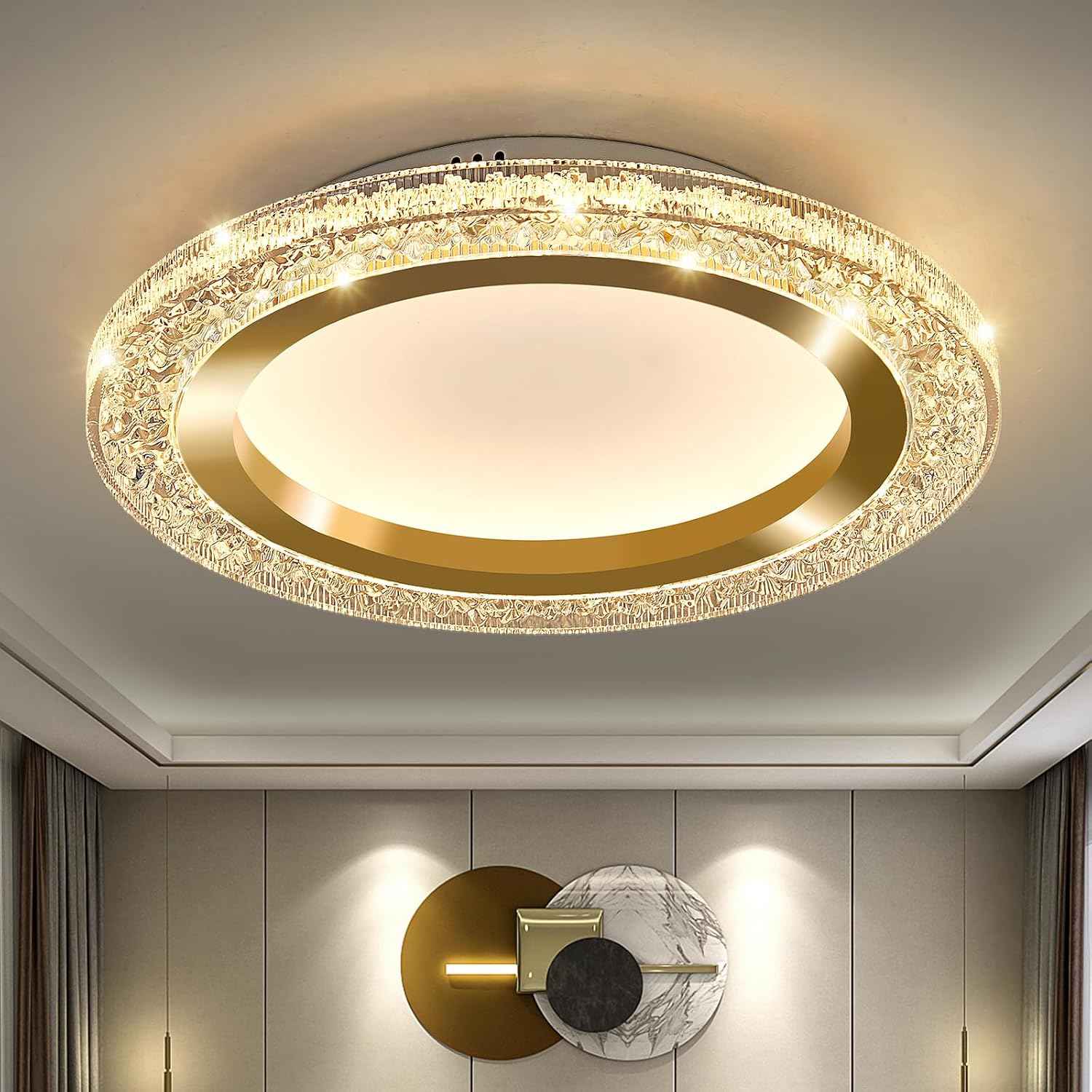 28W Gold LED Flush Mount Ceiling Light - 12" Modern Round Fixture for Bedroom, Kitchen, Bathroom