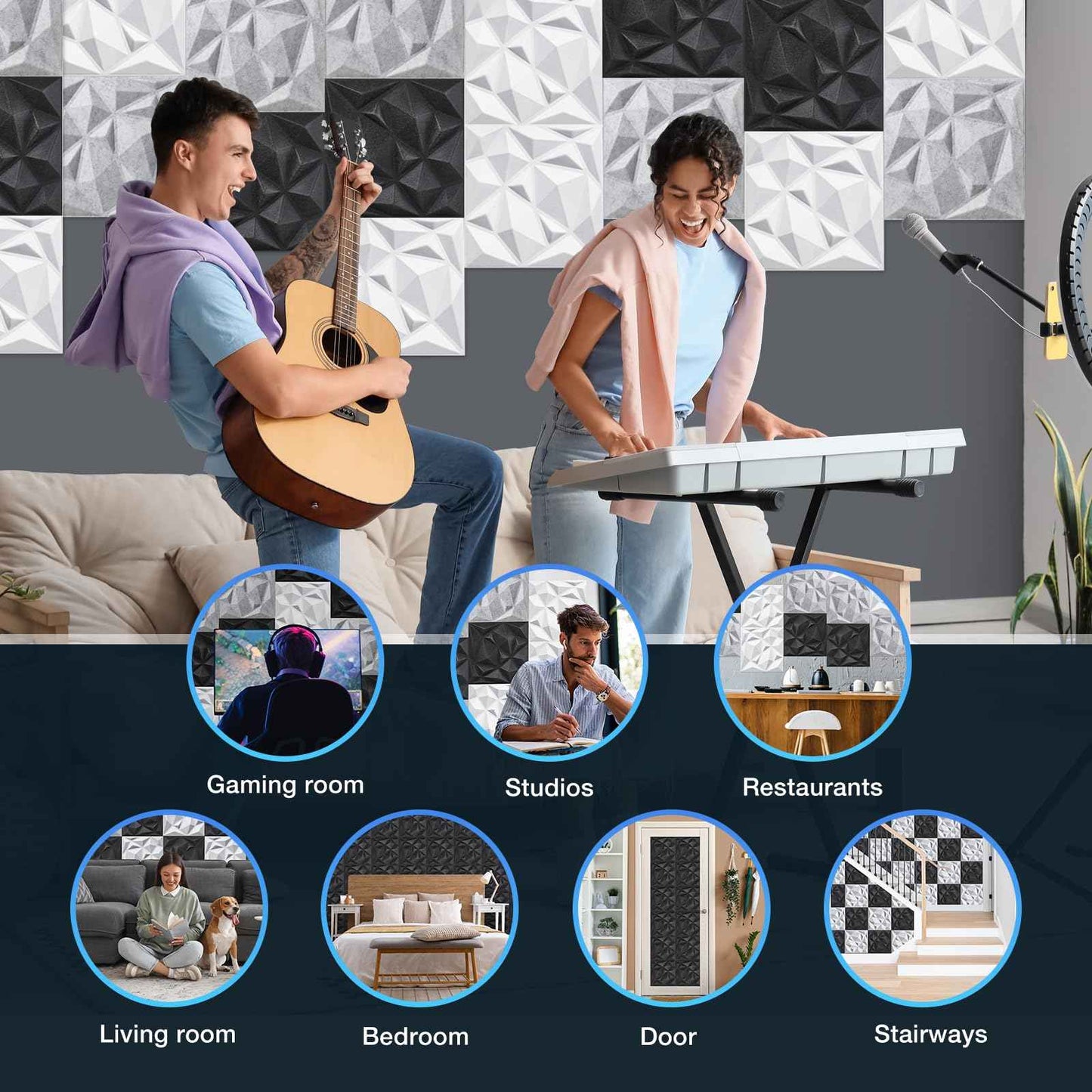 Acoustic 3D Wall Panels,24 Pack Sound Proof Felt Panels for Interior Wall Décor, Hollow Sound Absorbing Panel for Studio, Living Room, Home, Hotel, 12''x12'' Cover 24 sq ft (Black, 24 Pack)