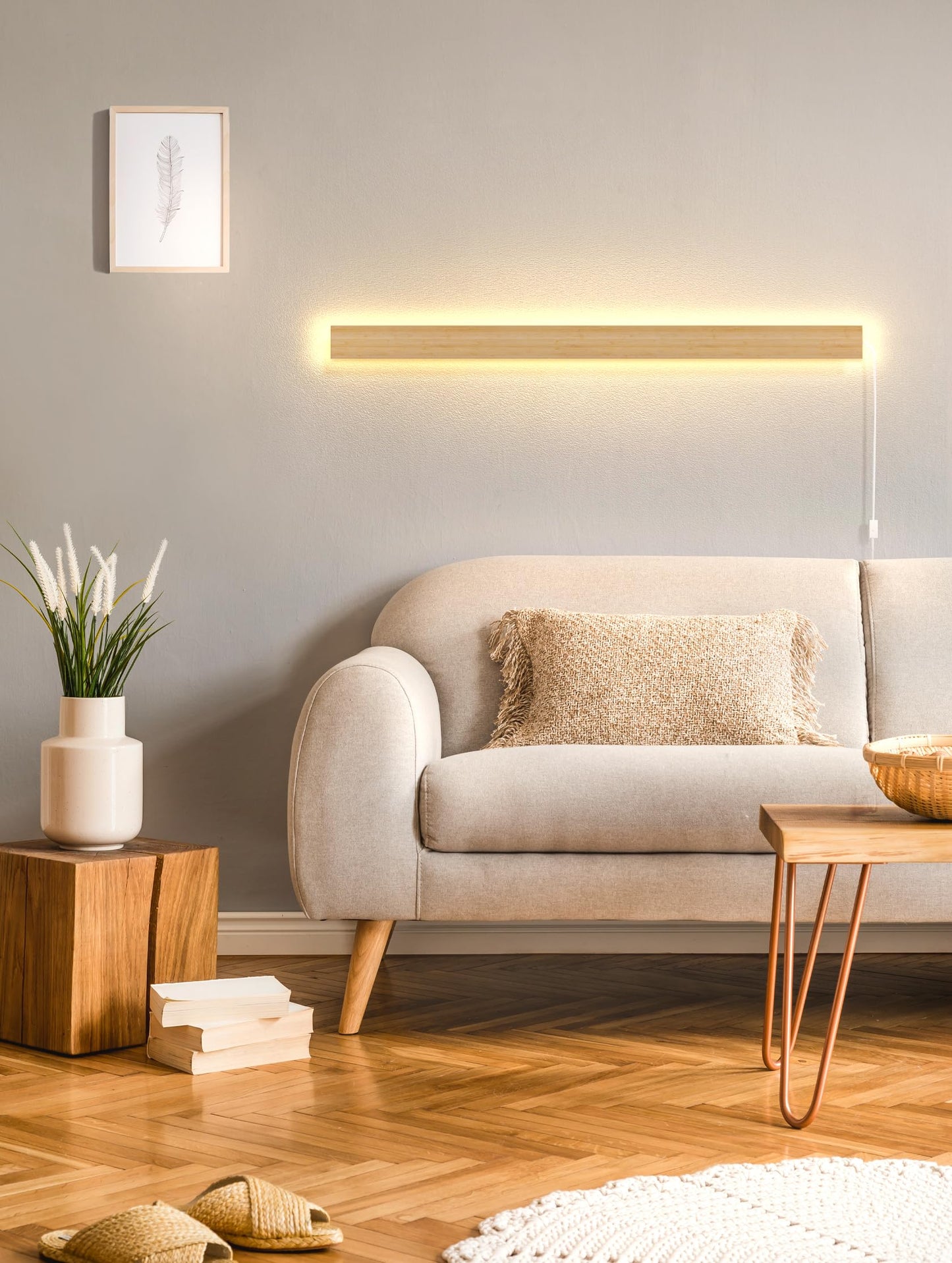 Modern Plug in Long Wall Sconce 45.2‘’ LED Bamboo Wall Lights 35W Long Strip Indoor Wall Lamp 3000K with 6.5FT Plug in Cord and On/Off Switch on The Cord for Living Room Hallway Stairwell