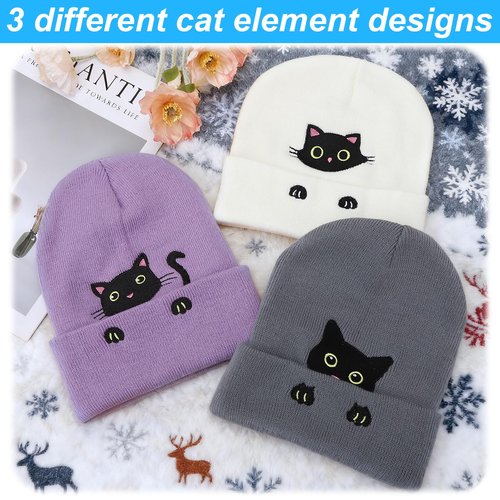 Zhamate Women's Cat Beanie Hats 3 Pack Cute Y2k Cat Lovers Gifts Winter Embroidered Animal Knitted Hats for Women Girls
