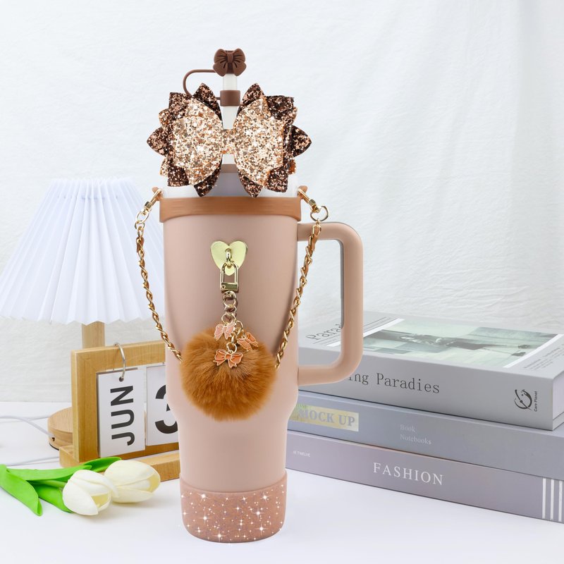 SEMATA Bling Accessories for Stanley Cup 40oz & 30oz Tumbler including Silicone Cute Bow Straw Topper Cover, Silicone Boot for Stanley Cup,Leather Water Bottle Handle Strap, Charms(Brown)