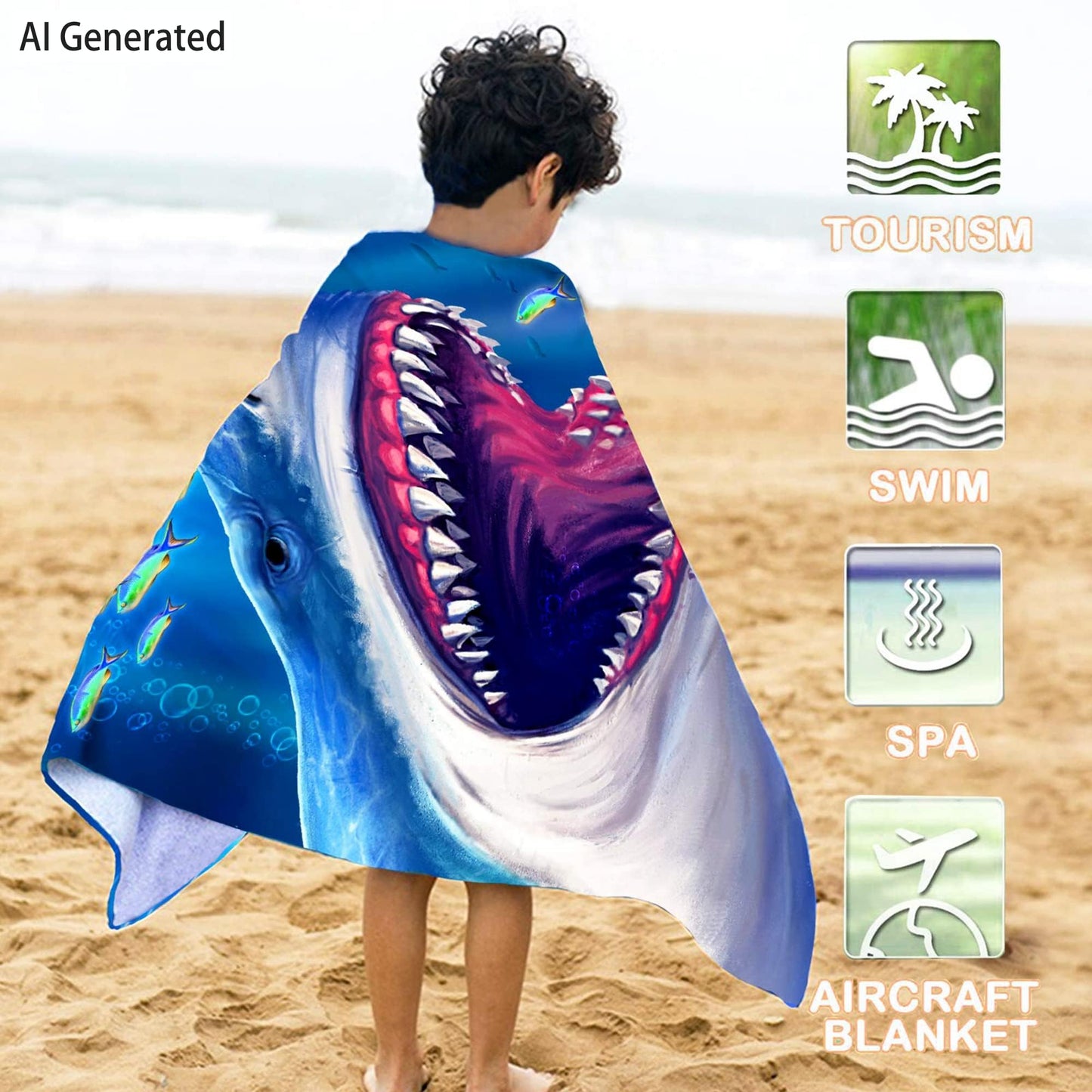 Bonsai Tree Shark Beach Towel, Cool Ocean Fishes Microfiber Bath Towel