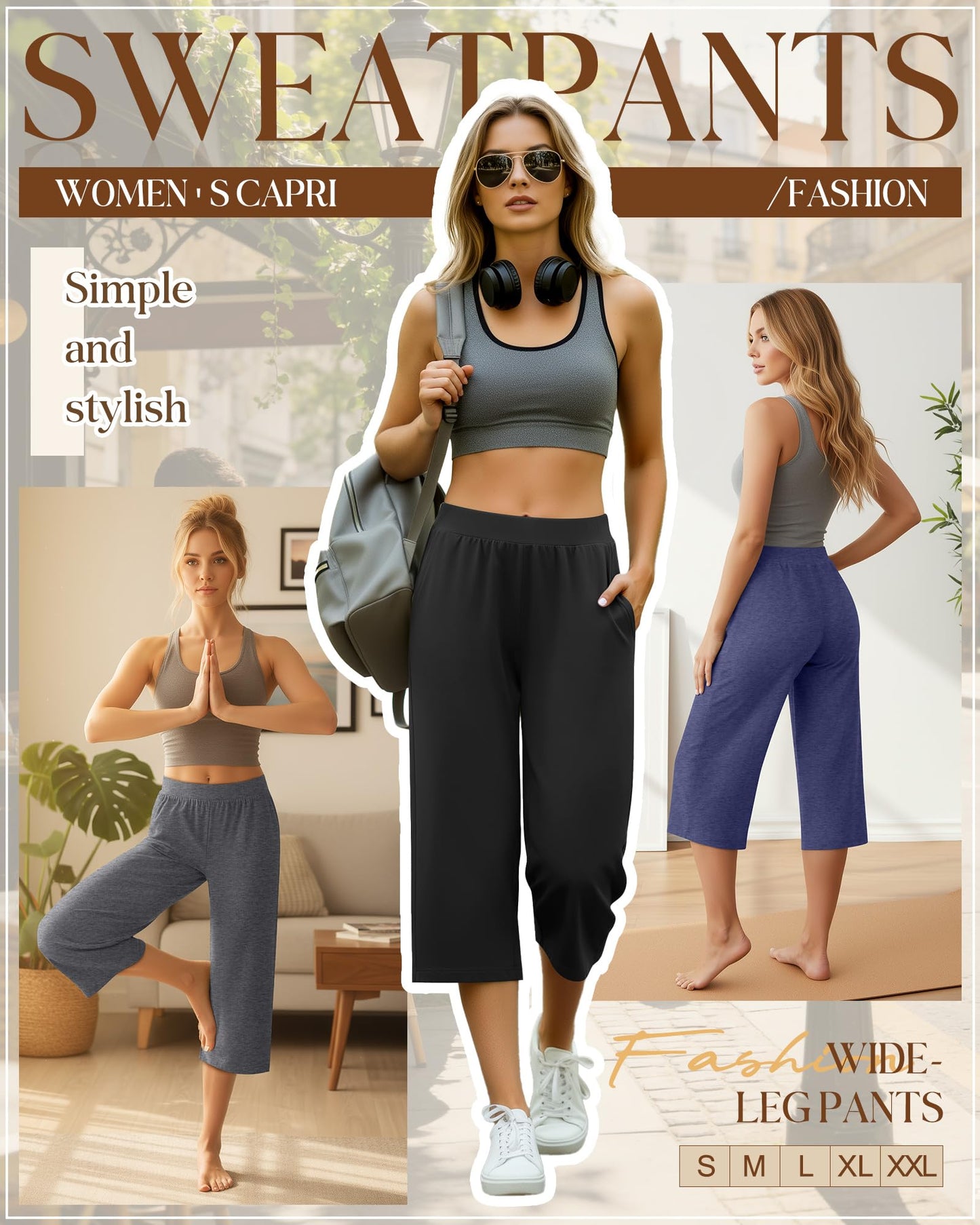 Huukeay 3 Pack Women's Capri Sweatpants Cozy Wide Legs Cropped Capri with Pockets Lounge Jogger Pants Workout Yoga Solid(Large,Black,Grey,Dark Blue)