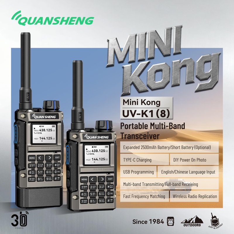 Quansheng UV-K1(8) Mini Walkie Talkie for Adults Long Range Type-C Charger 2500mAh AM/FM Multi-Band Transceiver Handheld Two Way Radios with Flashlight Li-ion Battery and Charger