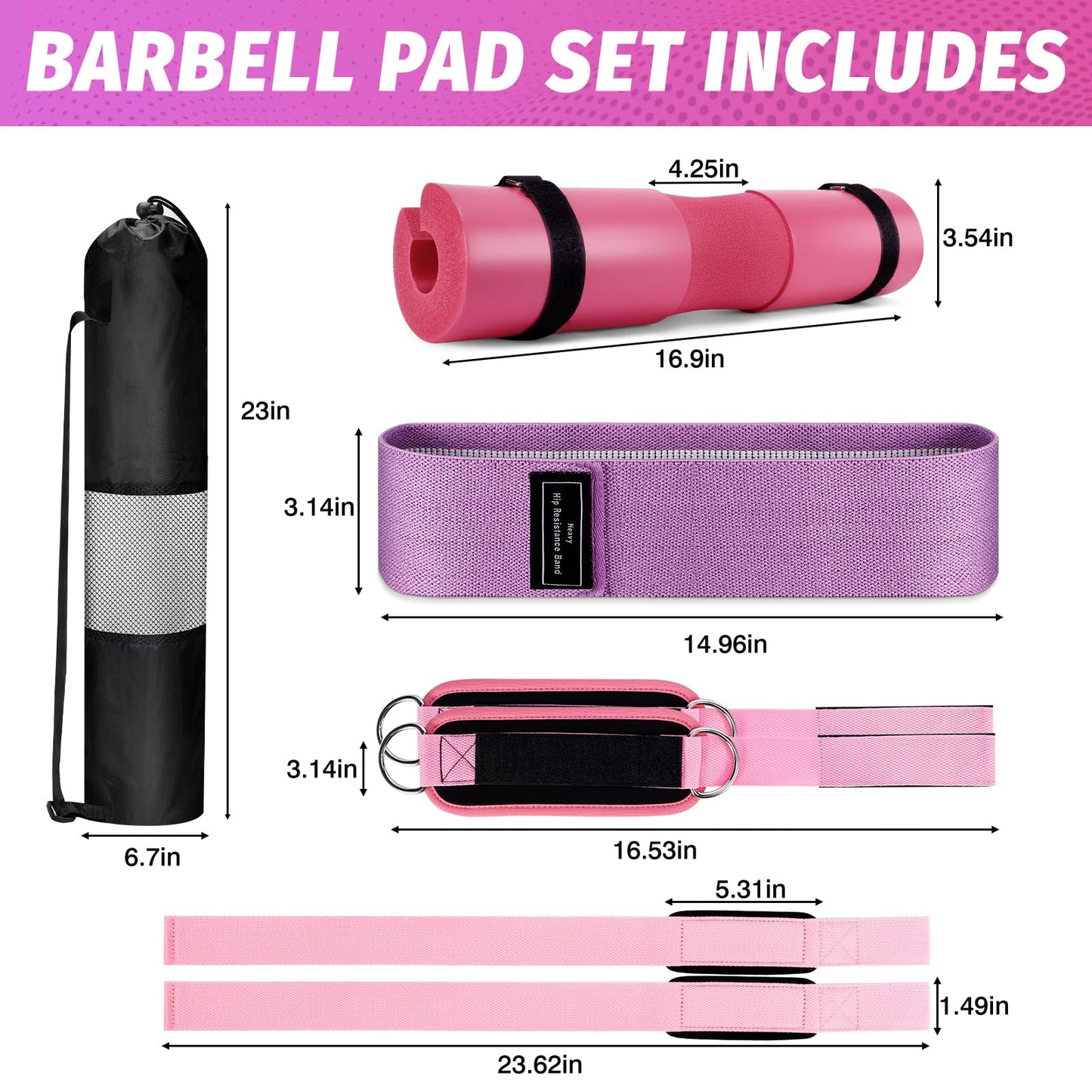 Turakun Gym Barbell Pad Set: Hip Thrusts Pad for Squats Ankle Strap for Cable Machine Hip Resistance Band Weight Lifting Strap and Carry Bag Gym Equipment Accessories, Pink
