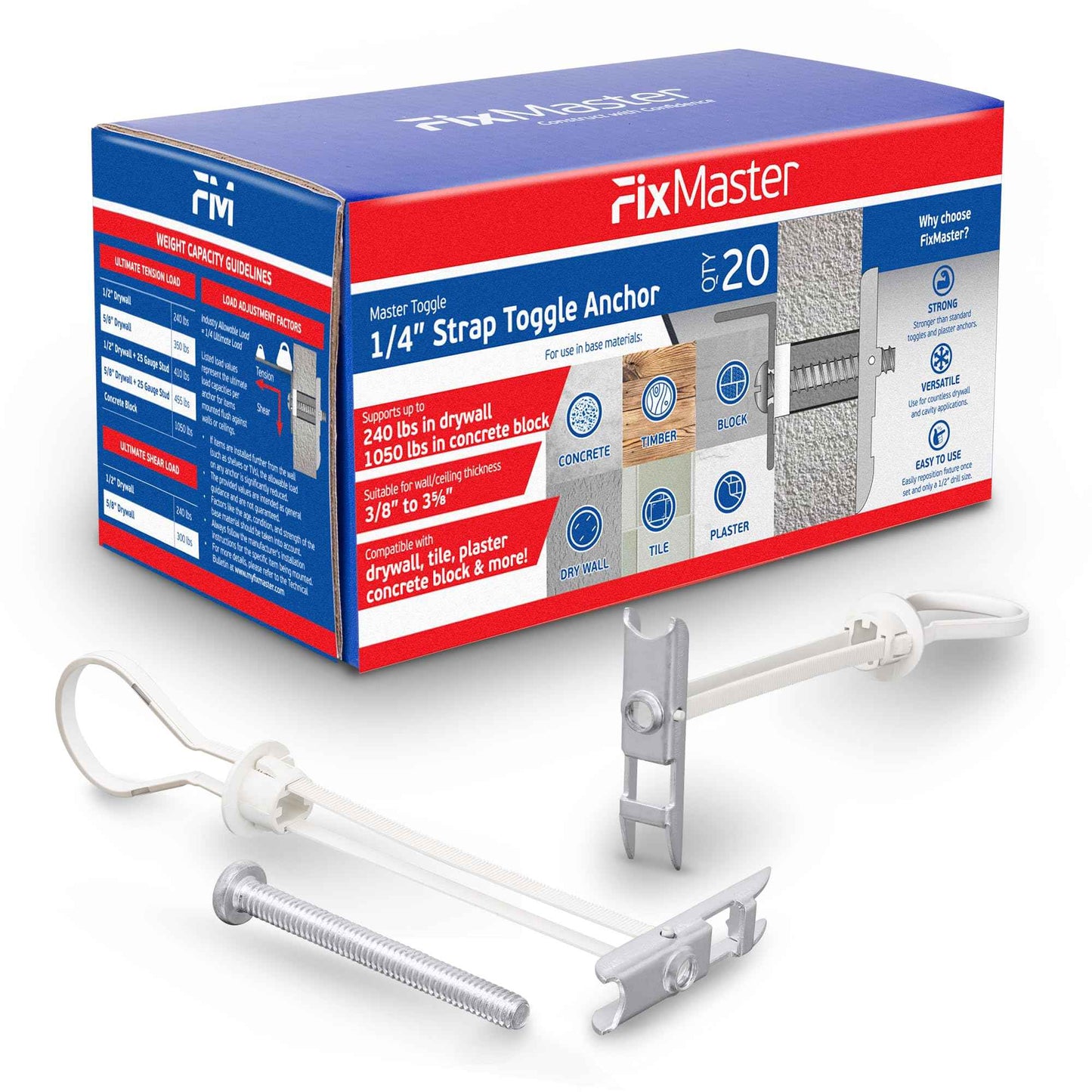 1/4" Heavy Duty Master Toggle-Bolt Strap Anchors (20 Pack) w/ 20 Steel Threaded Studs, 3/8" to 3-5/8" Grip Range, for 1/4"-20 UNC Fastener Size - 240lb in 3/8-1/2" & 300 lb in 5/8" Holding Strength